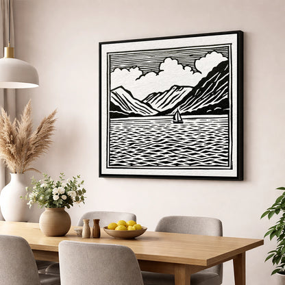 Black and White Ullswater Sailboat lake district lake wall art displayed in a dining room