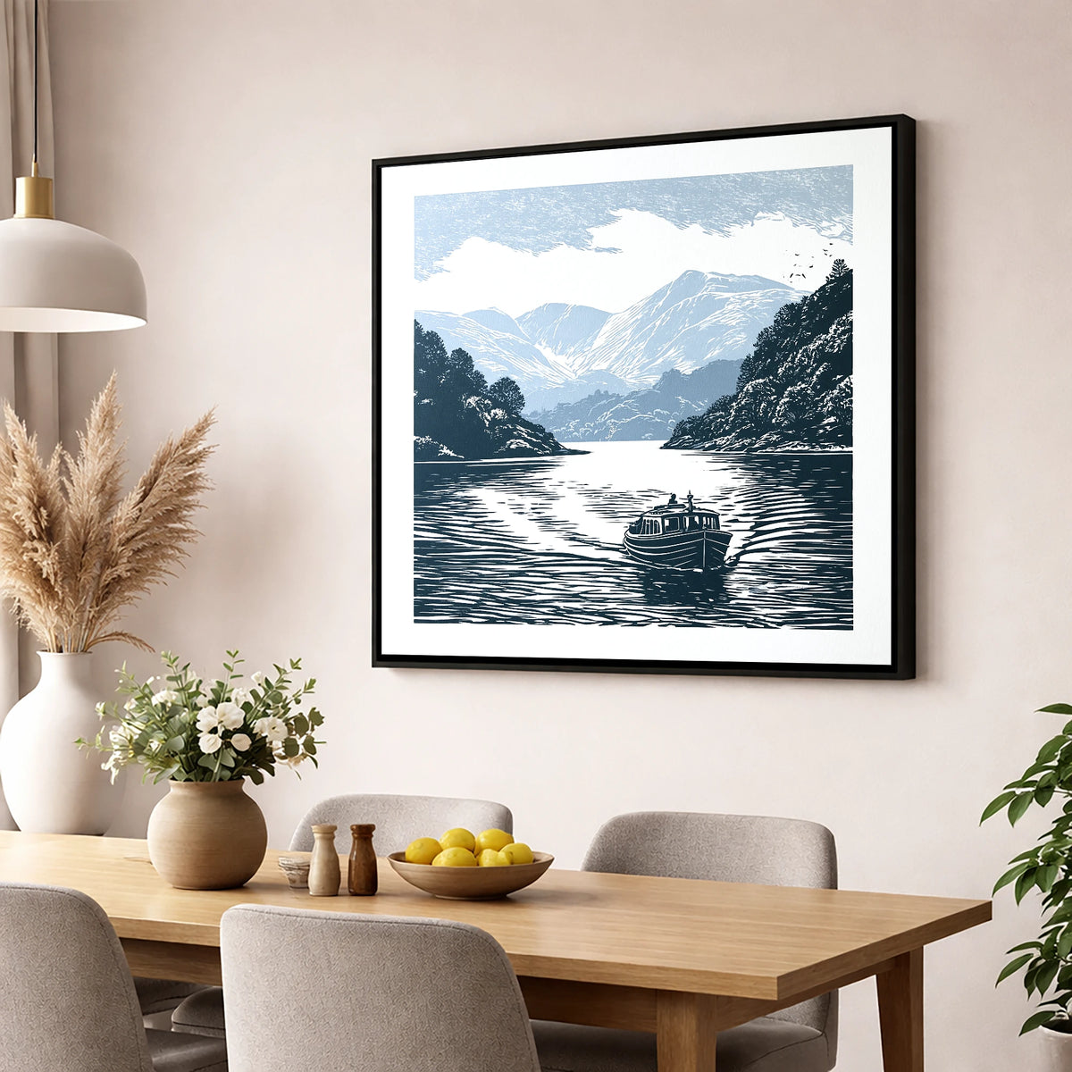 Coniston Water Launch in Navy lake district lake wall art displayed in a dining room