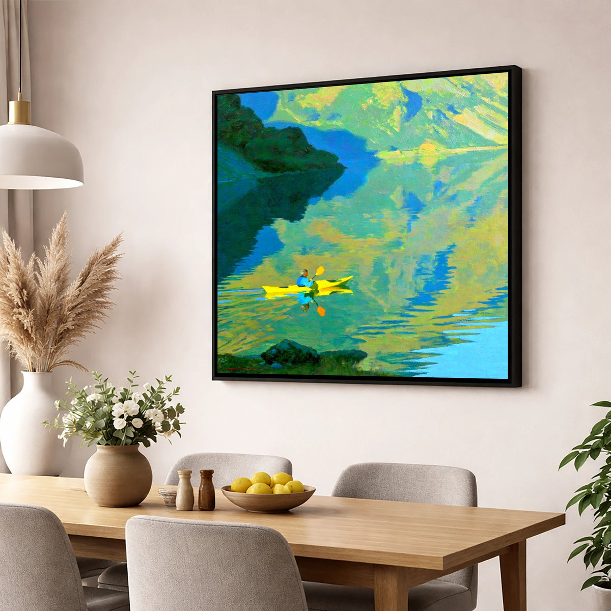 Yellow Kayak on Reflecting Fells lake district walking wall art displayed in a dining room