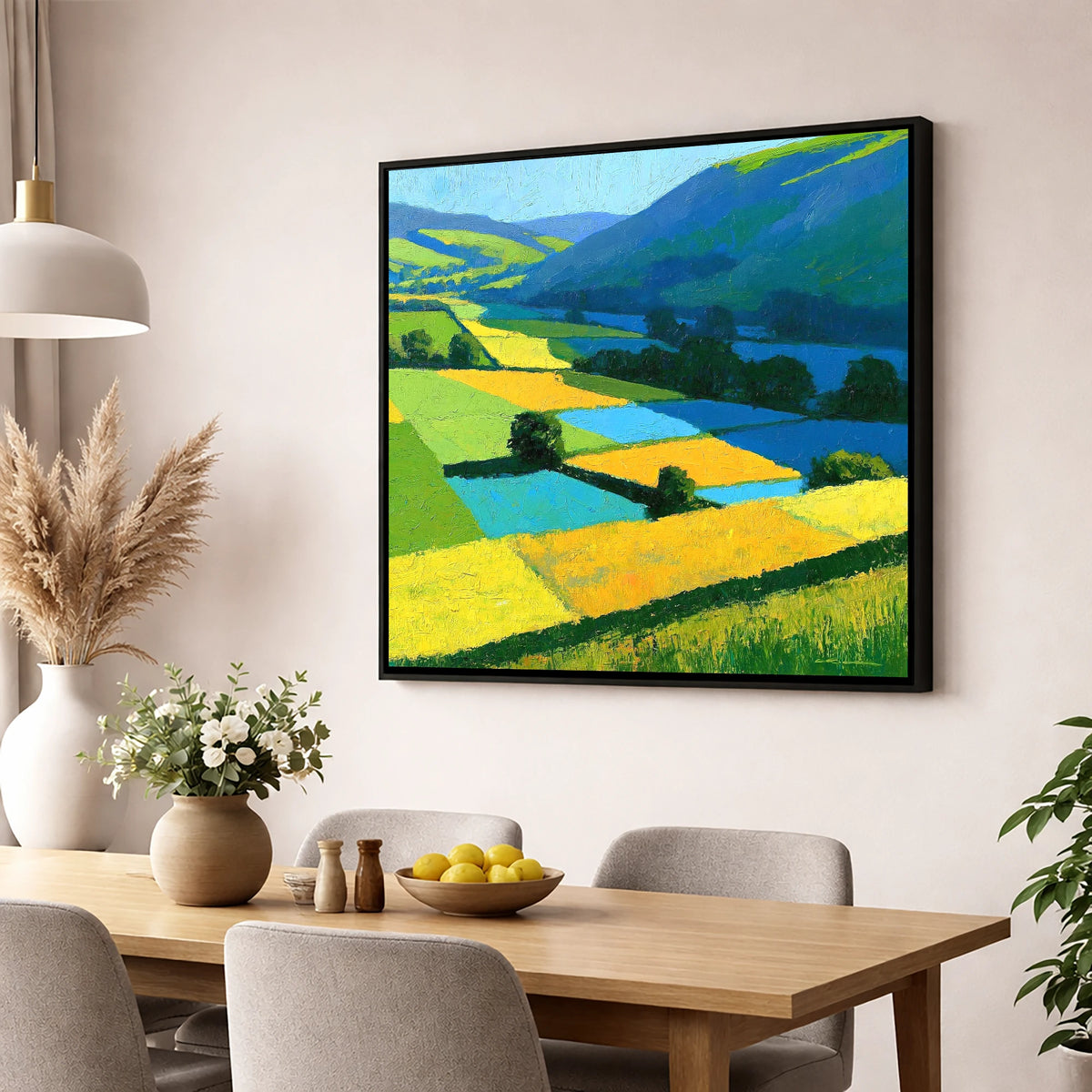 Cobalt And Yellow Dale Fields lake district valley wall art displayed in a dining room