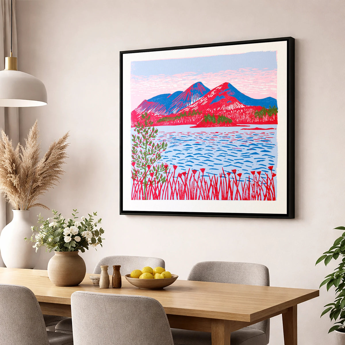 Vibrant Catbells Across The Water lake district fell wall art displayed in a dining room