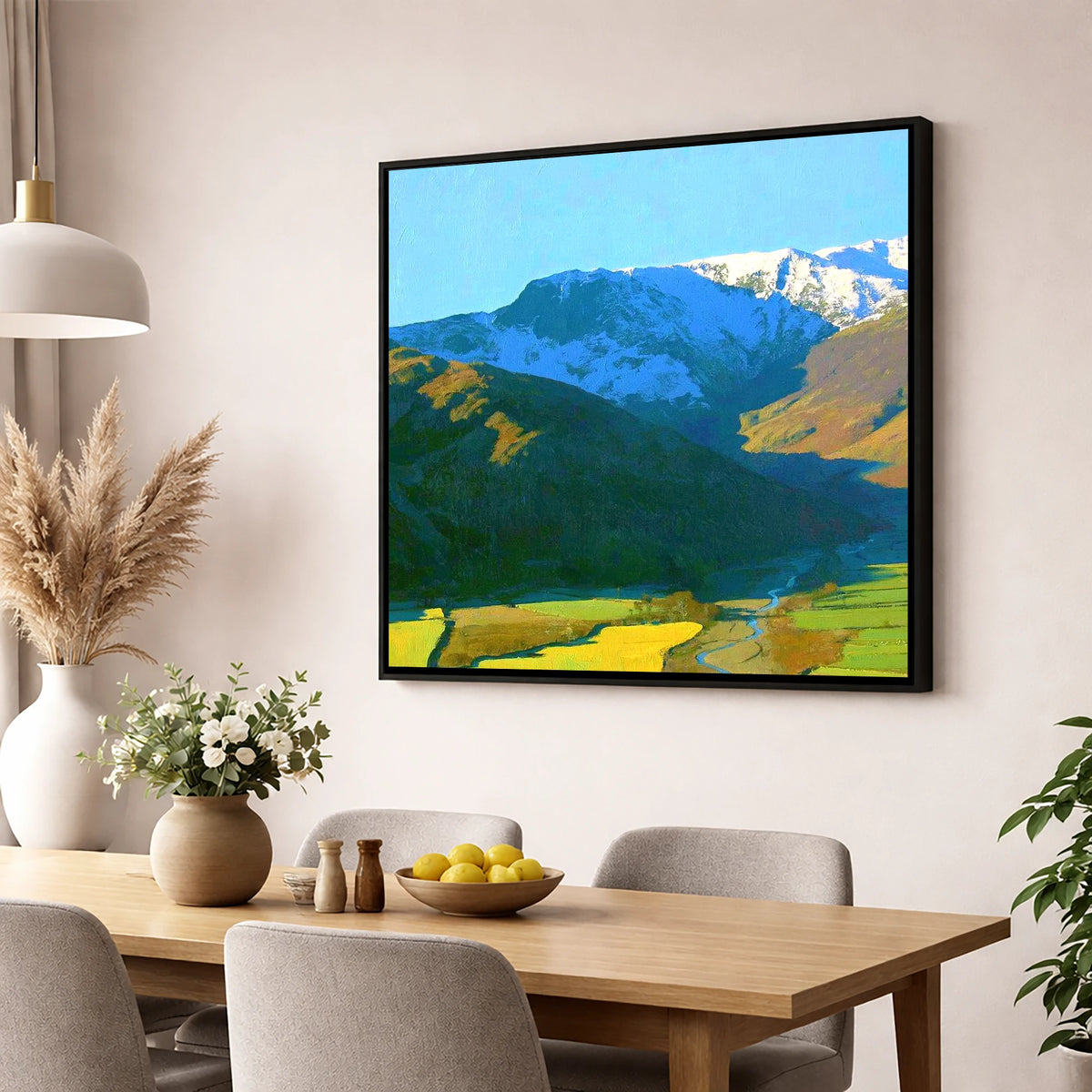 Snowy Glaramara Over Winding River lake district fell wall art displayed in a dining room