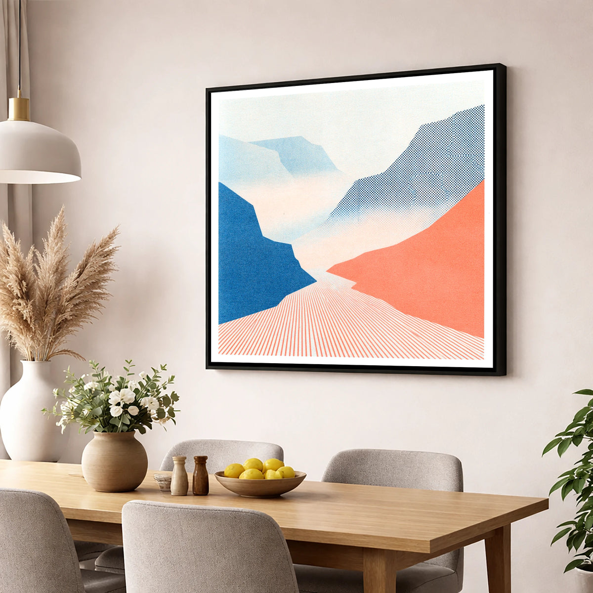 Honister Pass in Bold Coral lake district valley wall art displayed in a dining room