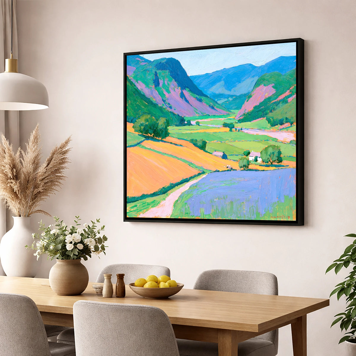 Colourful Fells And Valley Farm lake district valley wall art displayed in a dining room
