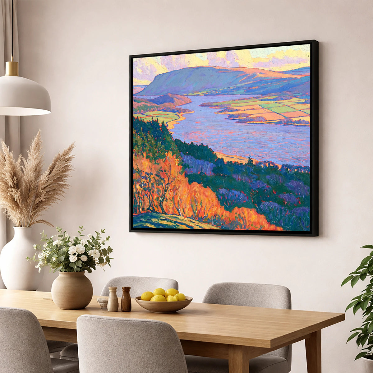 Vibrant Autumn Over Bassenthwaite Lake lake district lake wall art displayed in a dining room