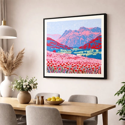 Vivid Meadows of Great Langdale lake district valley wall art displayed in a dining room