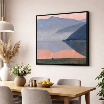 Pink Dusk Over Still Lake lake district lake wall art displayed in a dining room