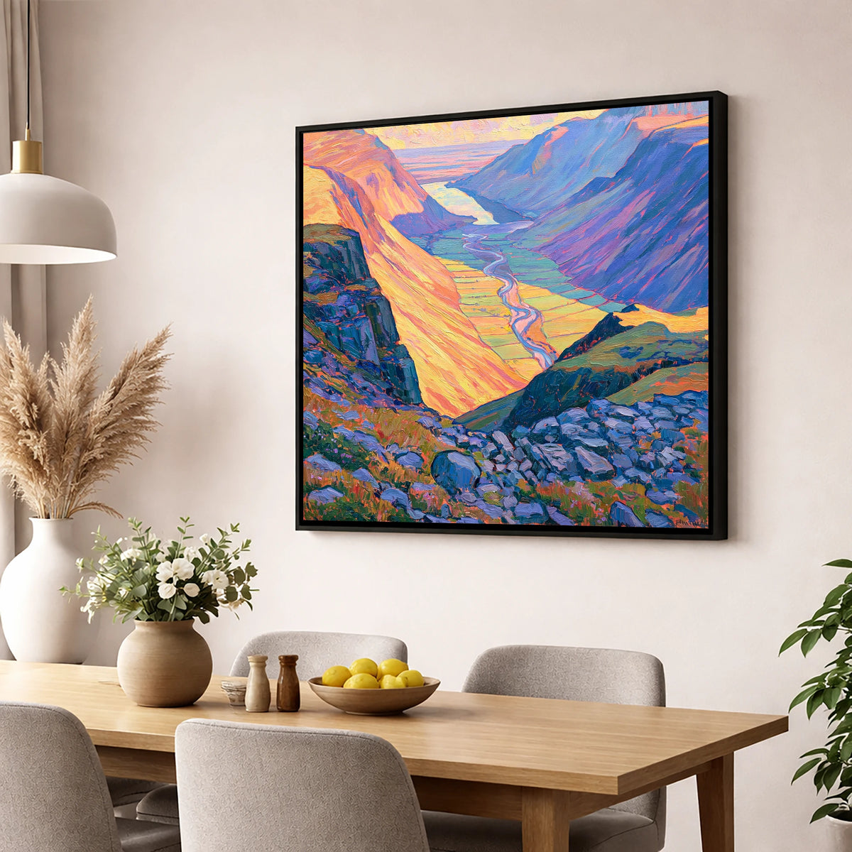 Vibrant Wasdale from Great Gable lake district fell wall art displayed in a dining room