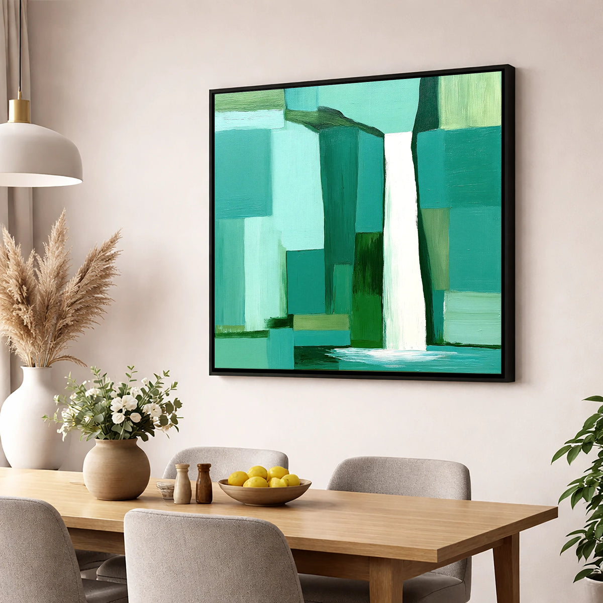 Scale Force Waterfall In Teal lake district waterfall wall art displayed in a dining room