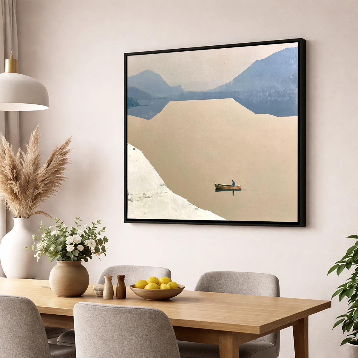 Lone Rower on an Ochre Lake lake district lake wall art displayed in a dining room