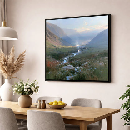 Valley Beck in Morning Haze lake district valley wall art displayed in a dining room