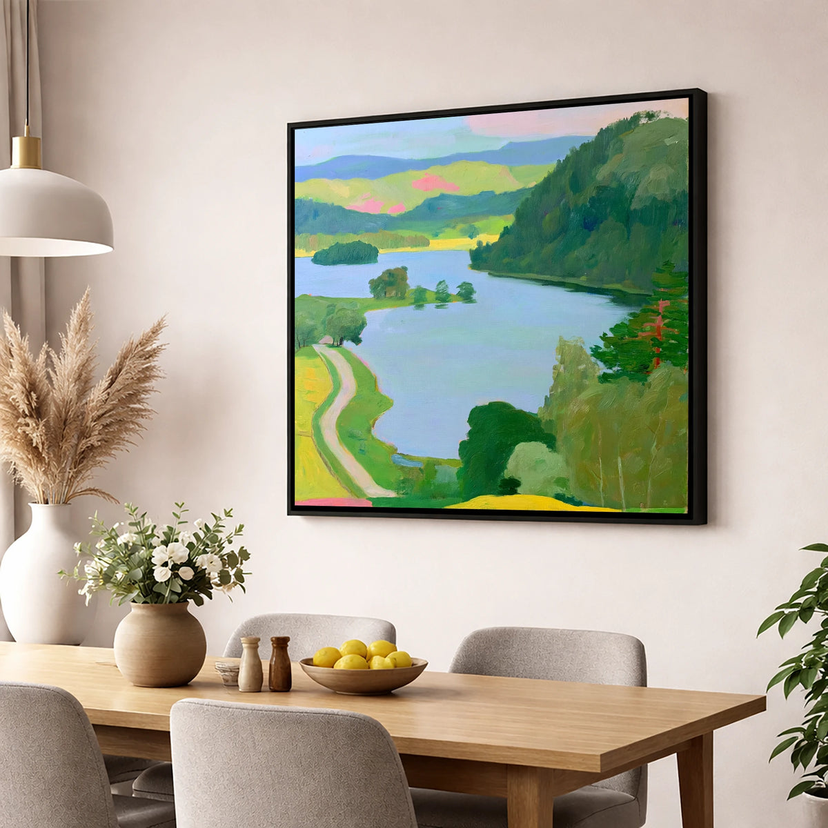 Vibrant Rydal Water Lakeside Path lake district lake wall art displayed in a dining room
