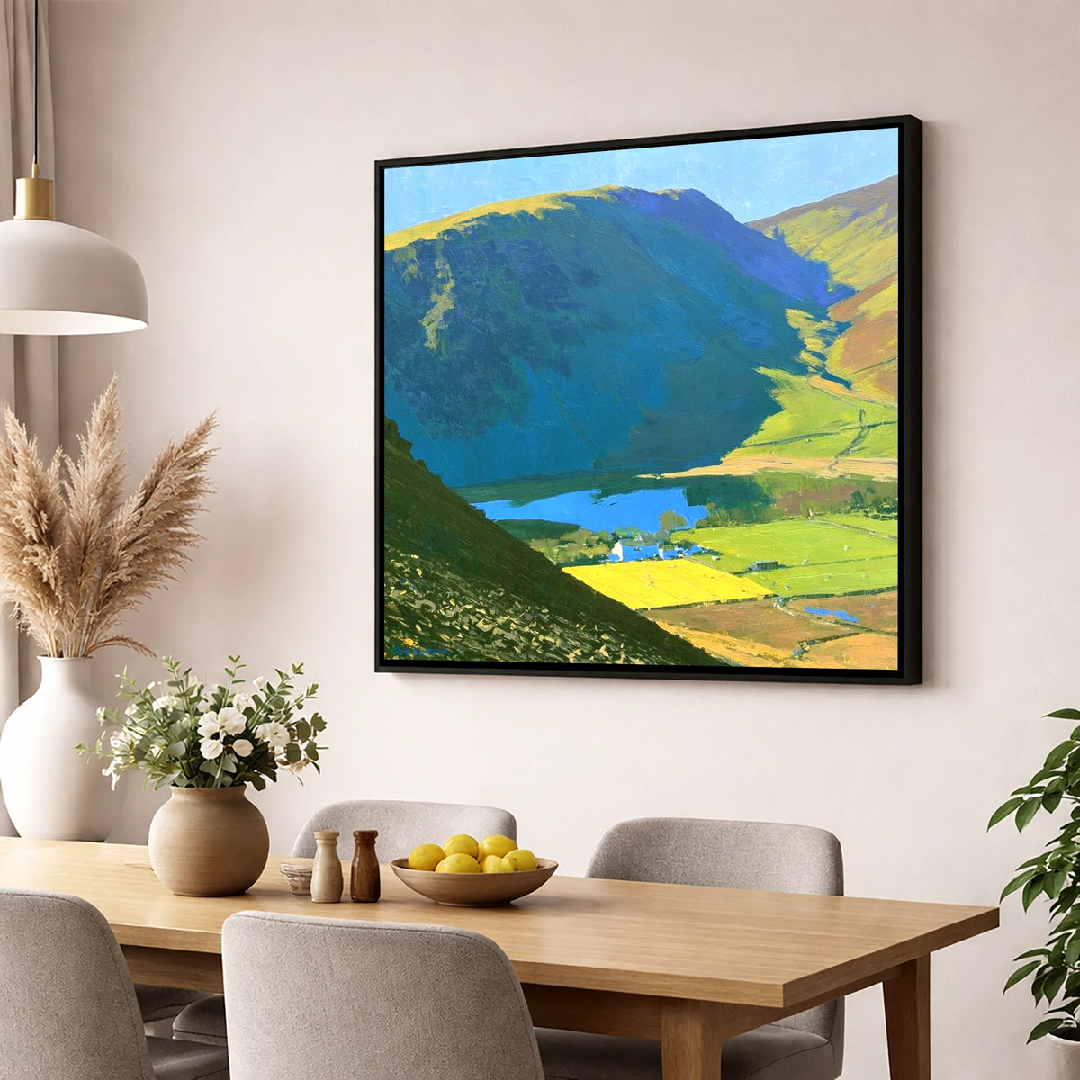 High Seat Over Vibrant Fields lake district fell wall art displayed in a dining room