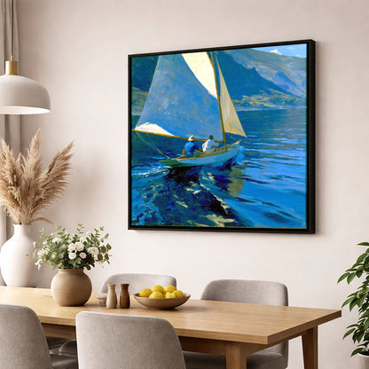 Sailboat on Deep Cobalt Waters lake district walking wall art displayed in a dining room