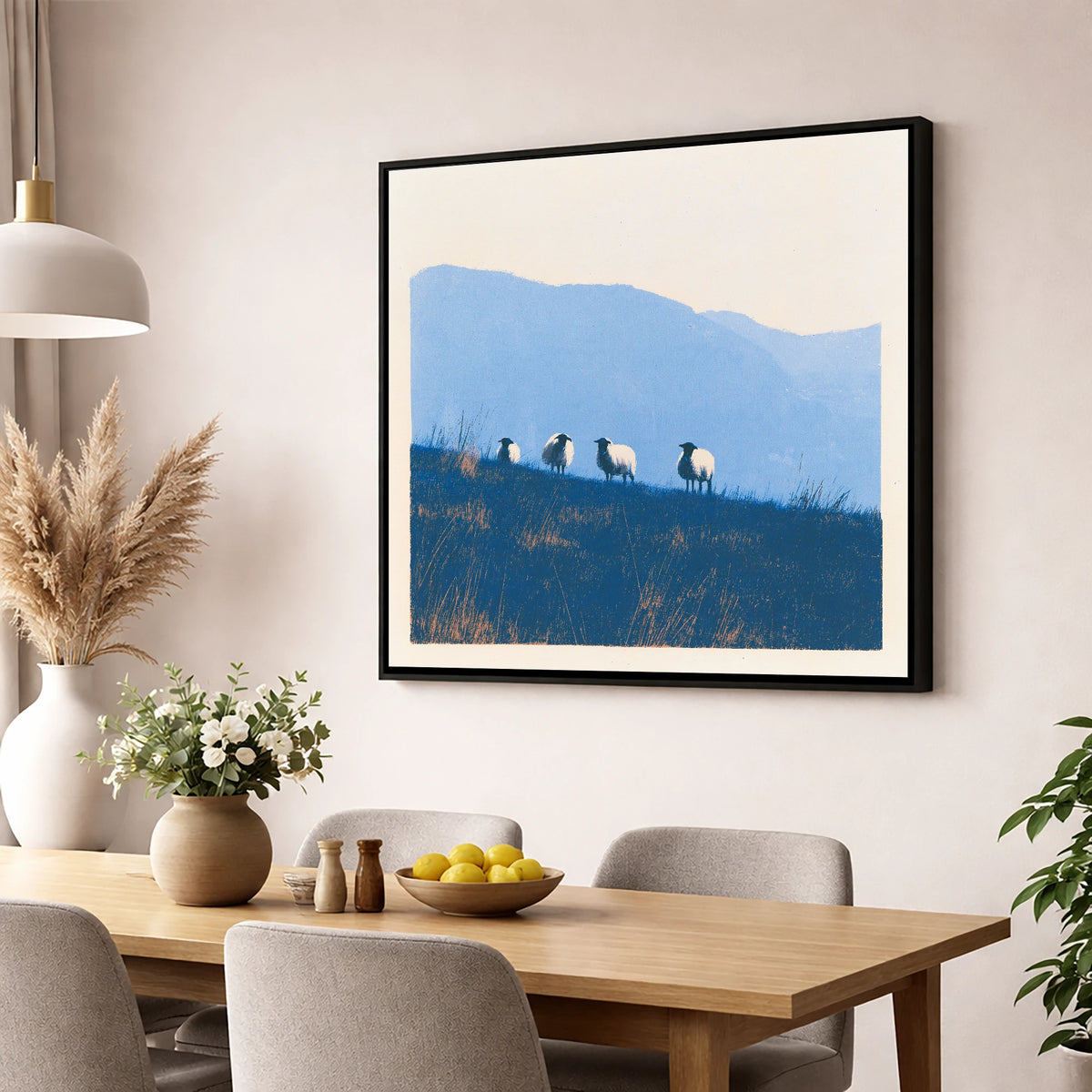 Herdwick Flock on Indigo Fellside lake district wildlife wall art displayed in a dining room