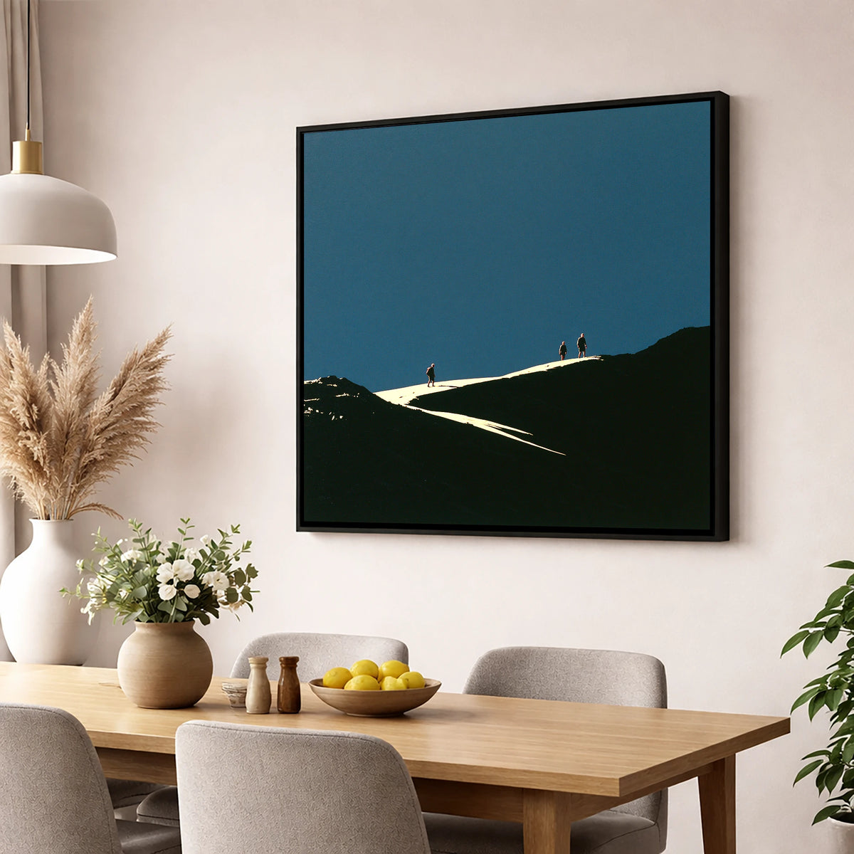 Hikers on a Sunlit Ridge lake district fell wall art displayed in a dining room