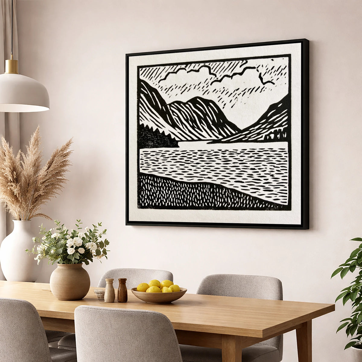 Monochrome Crummock Water Landscape lake district lake wall art displayed in a dining room