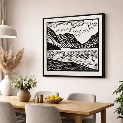 Monochrome Crummock Water Landscape lake district lake wall art displayed in a dining room