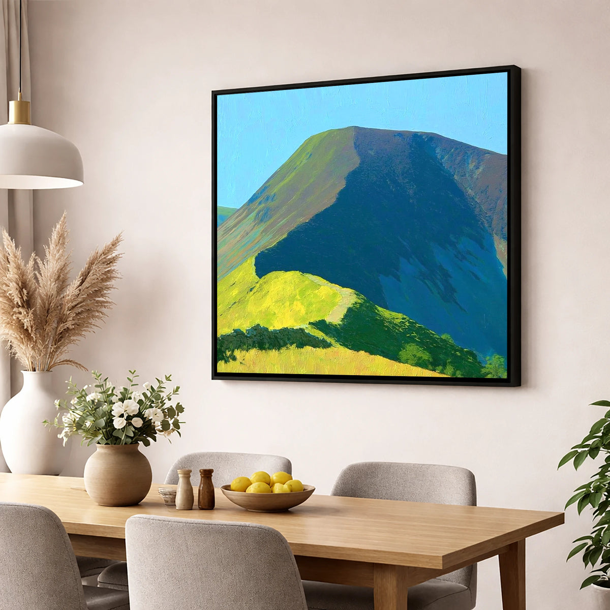 Vibrant Carl Side Ridge Path lake district fell wall art displayed in a dining room
