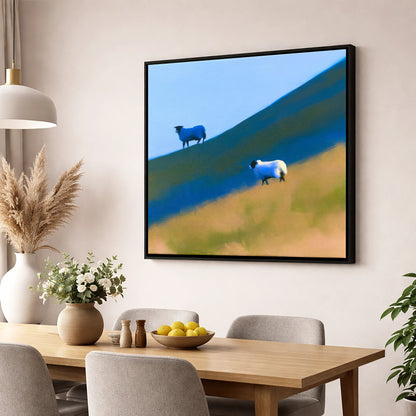 Herdwick Sheep on Blue Fellside lake district wildlife wall art displayed in a dining room