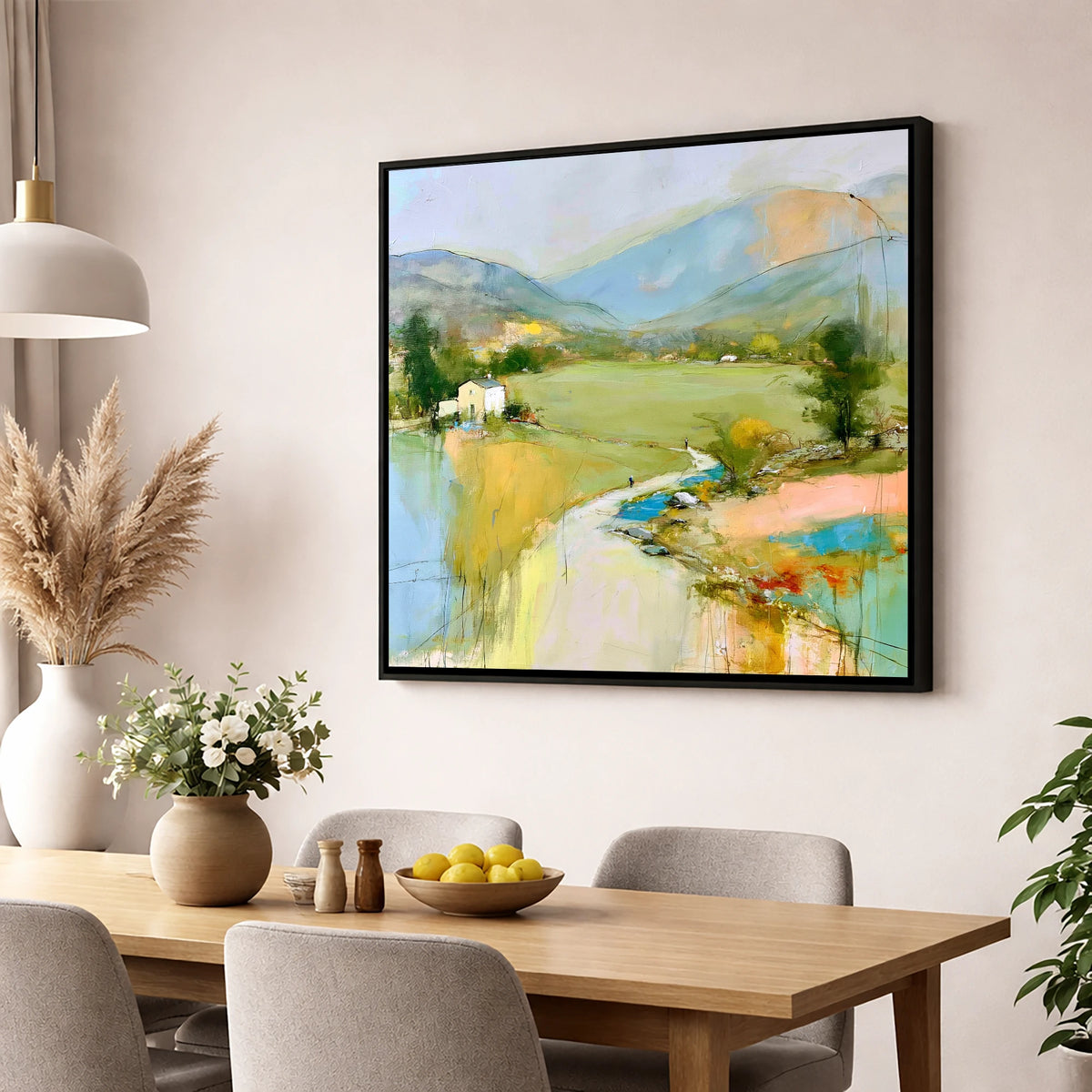 Vibrant Green Valley Between the Fells lake district valley wall art displayed in a dining room