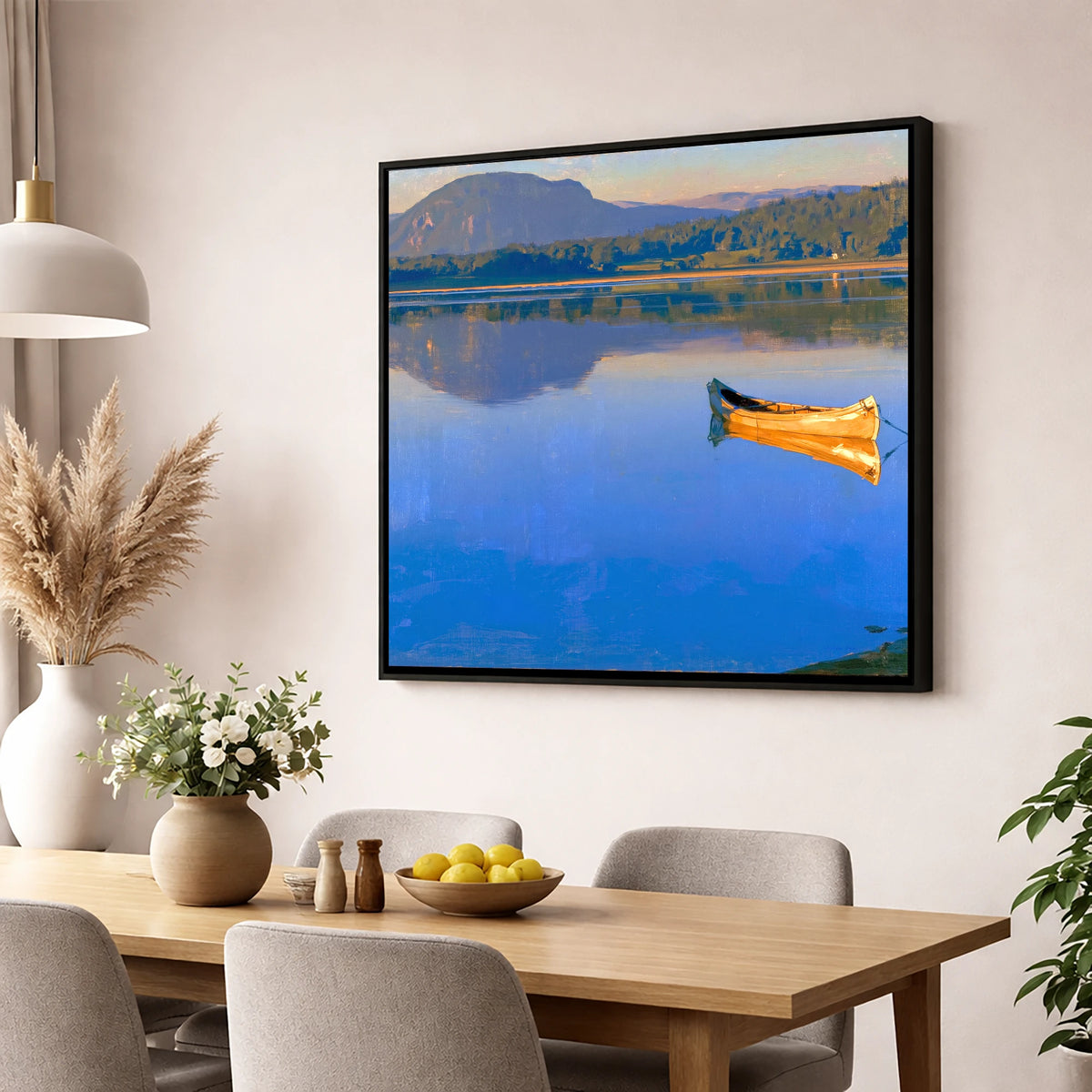 Sunlit Canoe on Lake Windermere lake district lake wall art displayed in a dining room