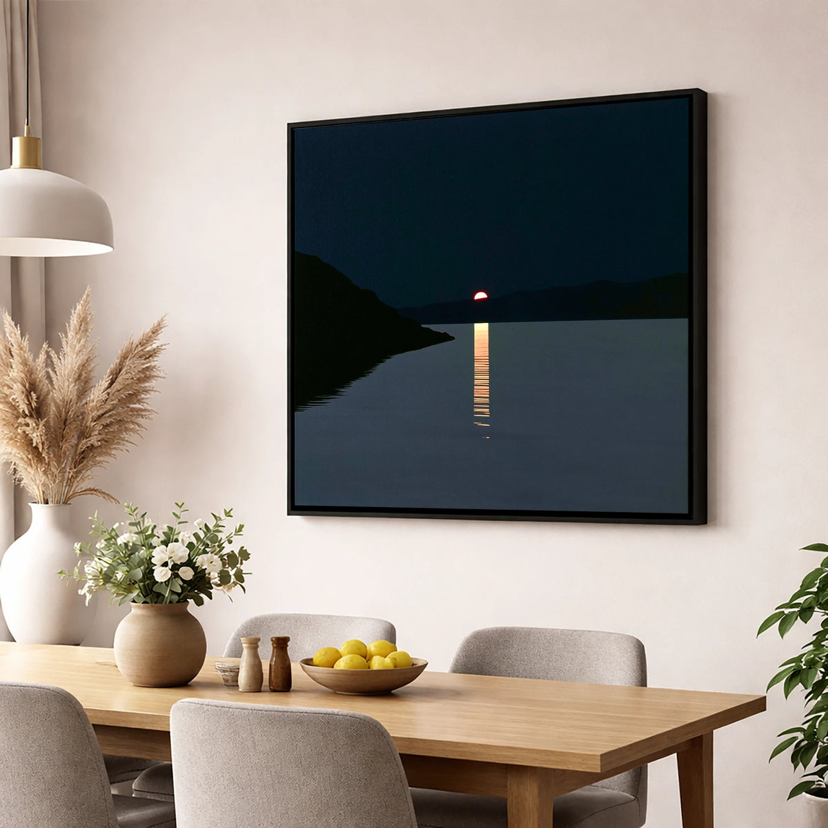Crimson Sun Over The Lake lake district lake wall art displayed in a dining room