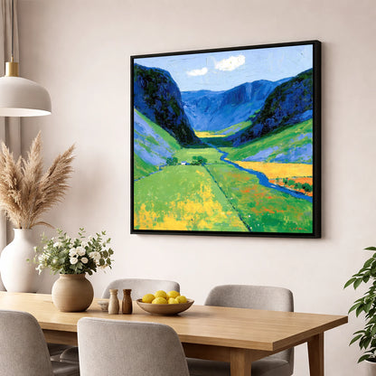 Vivid Valley Beneath Blue Fells lake district valley wall art displayed in a dining room