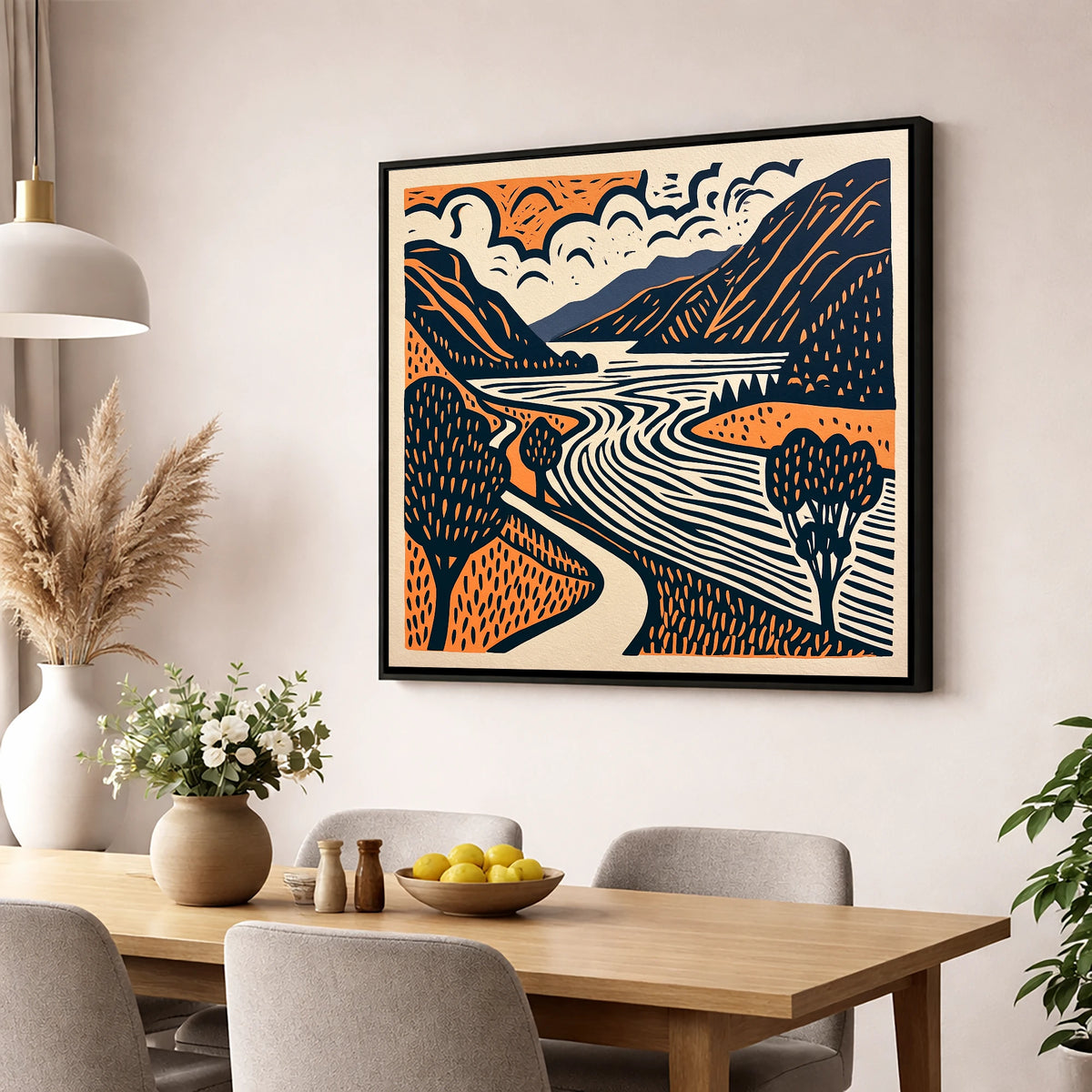 Bold Ullswater in Terracotta and Navy lake district lake wall art displayed in a dining room