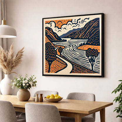 Bold Ullswater in Terracotta and Navy lake district lake wall art displayed in a dining room
