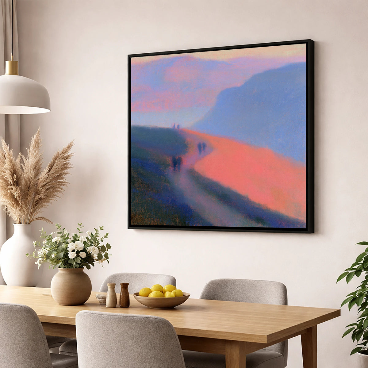 Twilight Walkers on a Fell Path lake district walking wall art displayed in a dining room