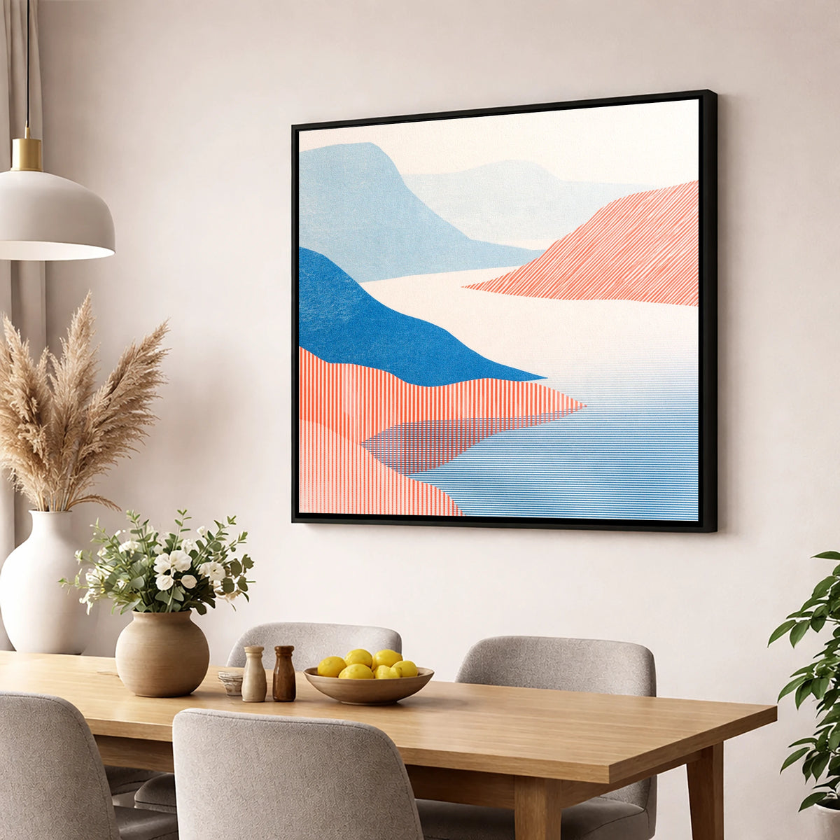 Coniston Water Fells in Coral lake district lake wall art displayed in a dining room