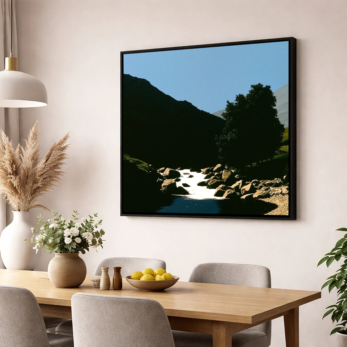 Sunlit Beck Beneath Dark Fell lake district waterfall wall art displayed in a dining room