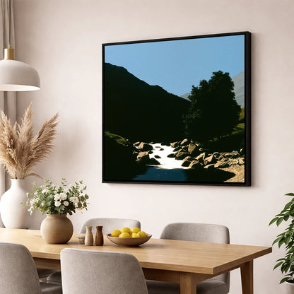 Sunlit Beck Beneath Dark Fell lake district waterfall wall art displayed in a dining room
