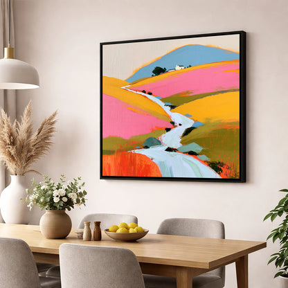 Colourful Fellside Beck and Cottage lake district waterfall wall art displayed in a dining room