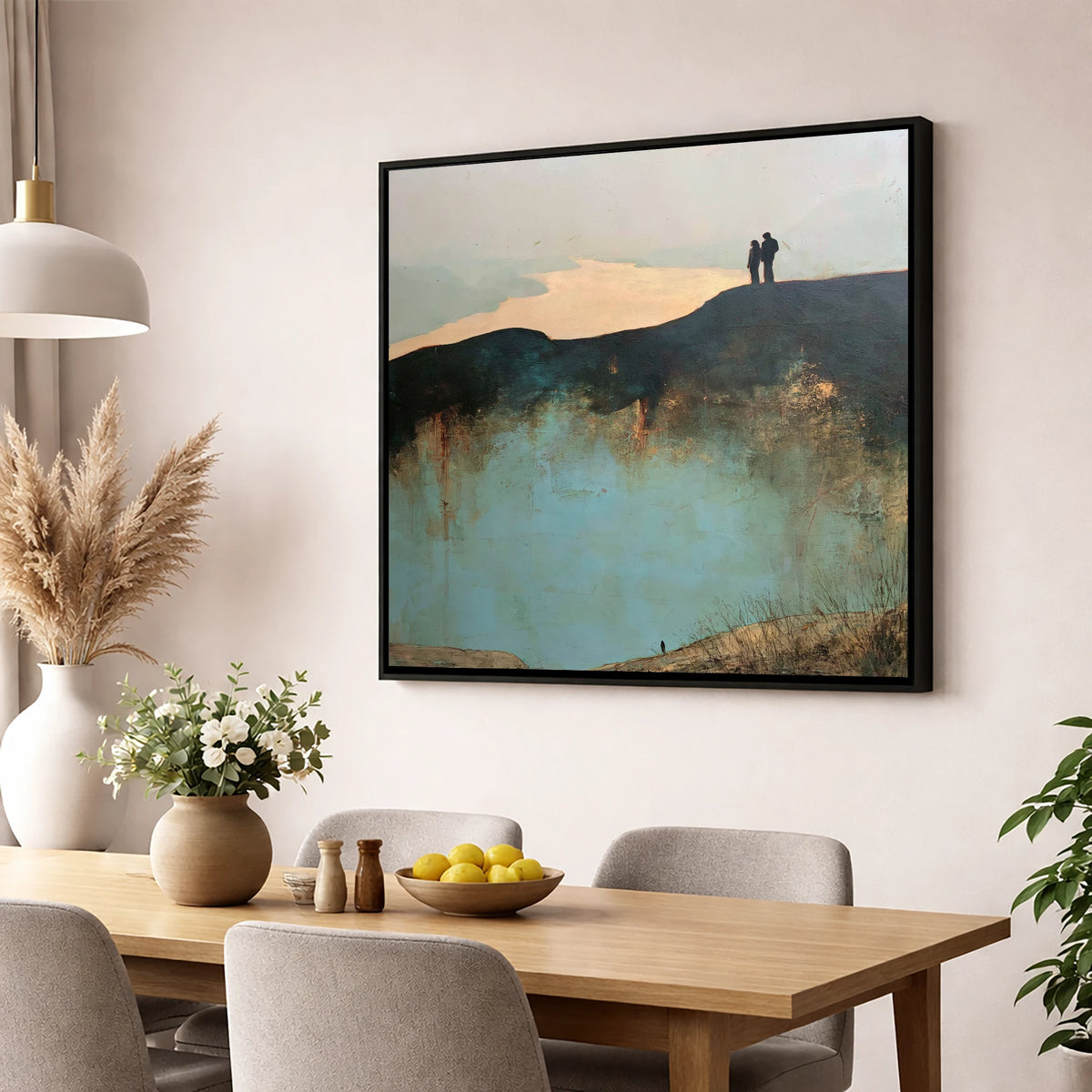 Catbells Ridge Over Golden Water lake district fell wall art displayed in a dining room