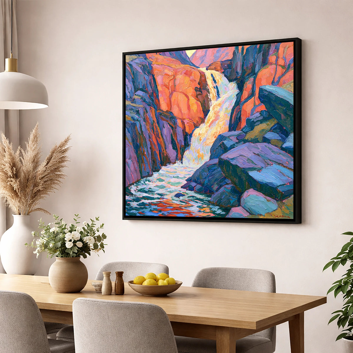Vibrant Lake District Waterfall Cascade lake district waterfall wall art displayed in a dining room