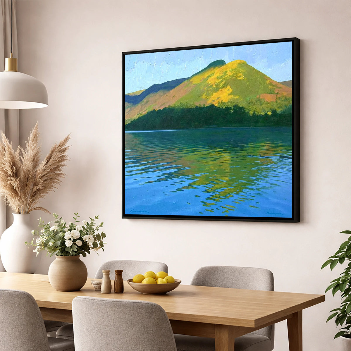 Sunlit Cat Bells Over Water lake district fell wall art displayed in a dining room
