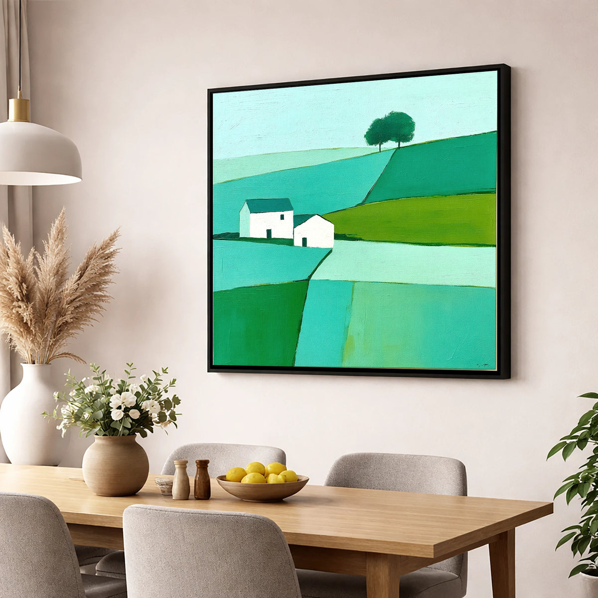 Near Sawrey Cottages In Bold Teal lake district village wall art displayed in a dining room
