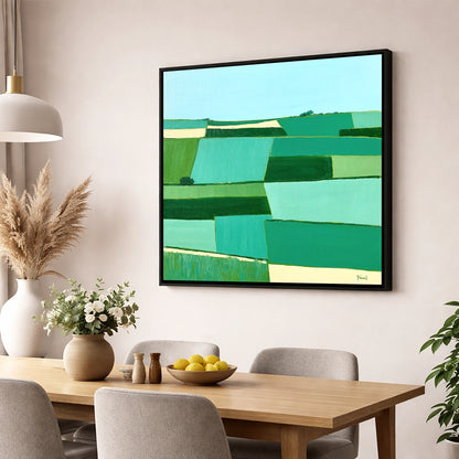 Green Patchwork Dale Fields lake district valley wall art displayed in a dining room