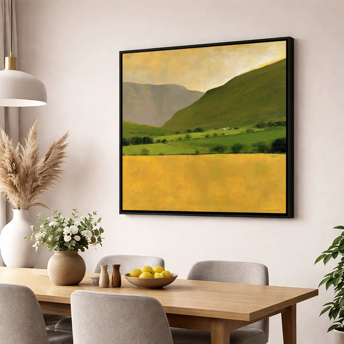 Golden Field Below the Fells lake district valley wall art displayed in a dining room