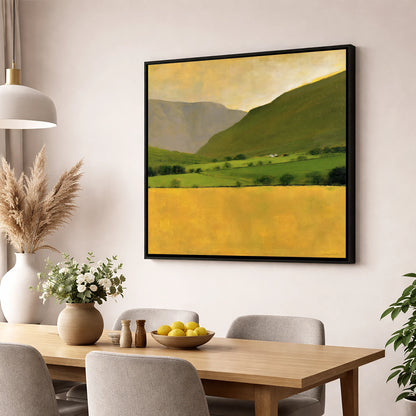 Golden Field Below the Fells lake district valley wall art displayed in a dining room