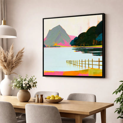 Vibrant Pink Shores Of Buttermere lake district lake wall art displayed in a dining room