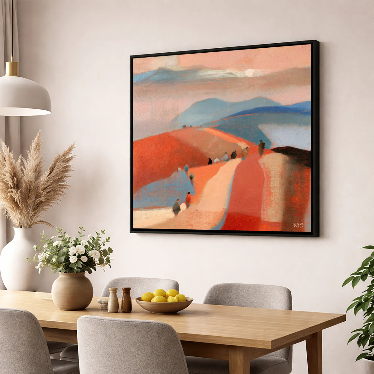 Walkers on a Sunset Mountain Path lake district walking wall art displayed in a dining room