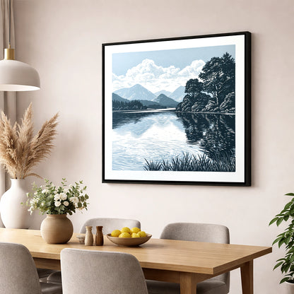 Navy Blue Lake Reflections lake district lake wall art displayed in a dining room