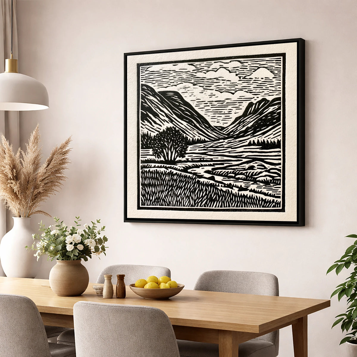 Great Langdale in Stark Contrast lake district valley wall art displayed in a dining room