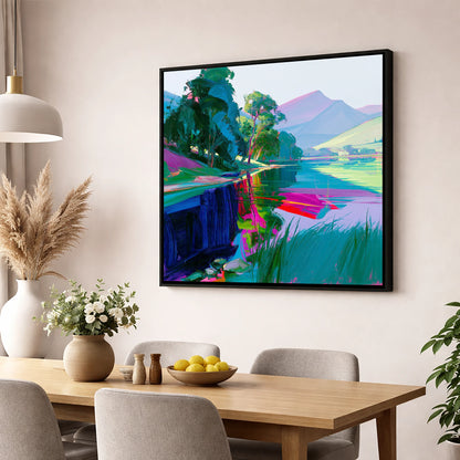 Still Lake at Vibrant Dawn lake district lake wall art displayed in a dining room