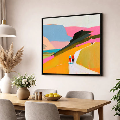 Walkers Ascending Colourful Fells lake district walking wall art displayed in a dining room