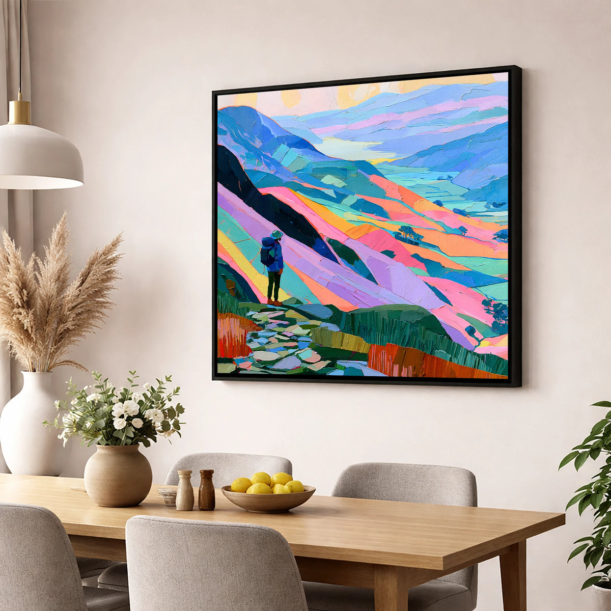 Vibrant Lake District Summit View lake district fell wall art displayed in a dining room