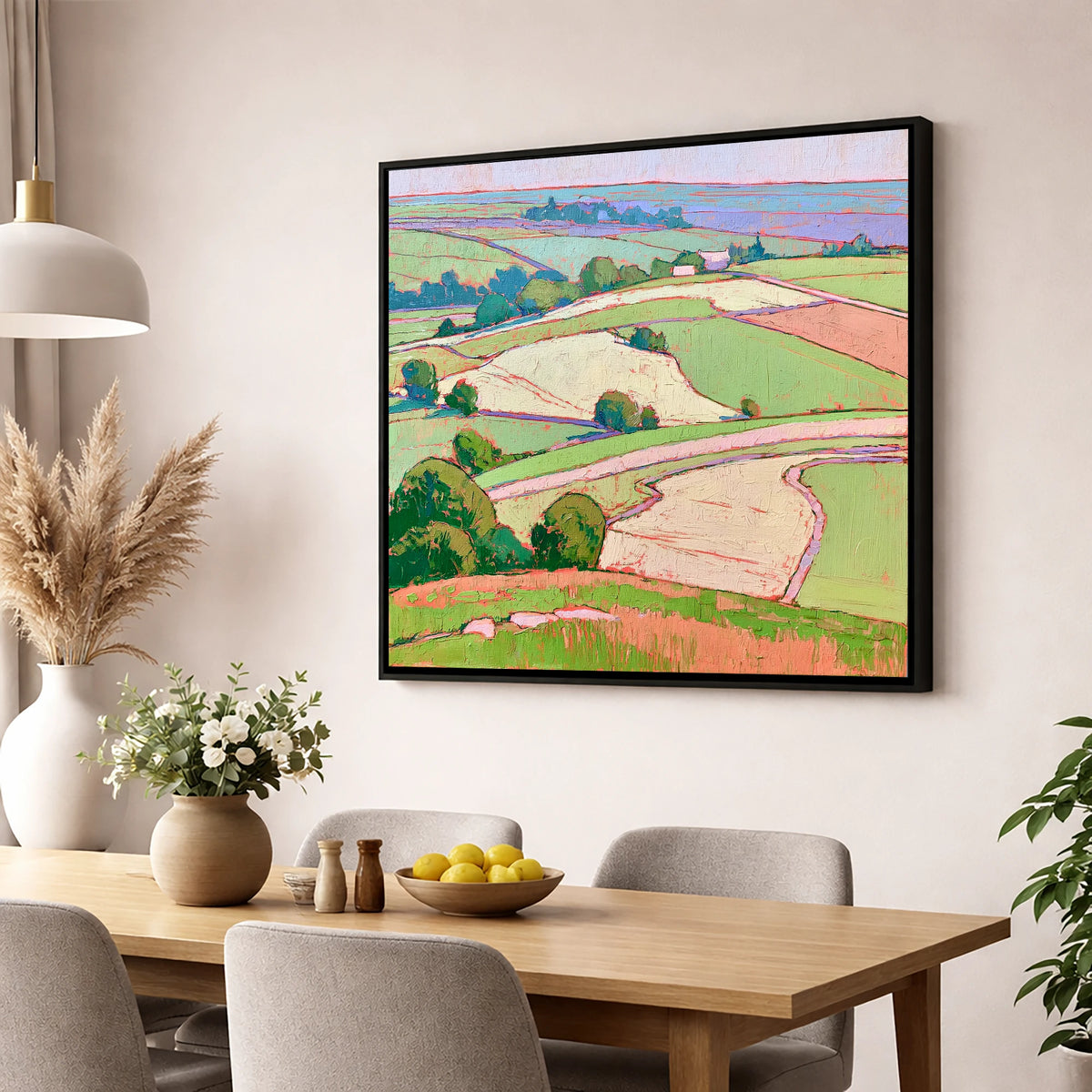 Pastel Fields in a Lakeland Dale lake district valley wall art displayed in a dining room